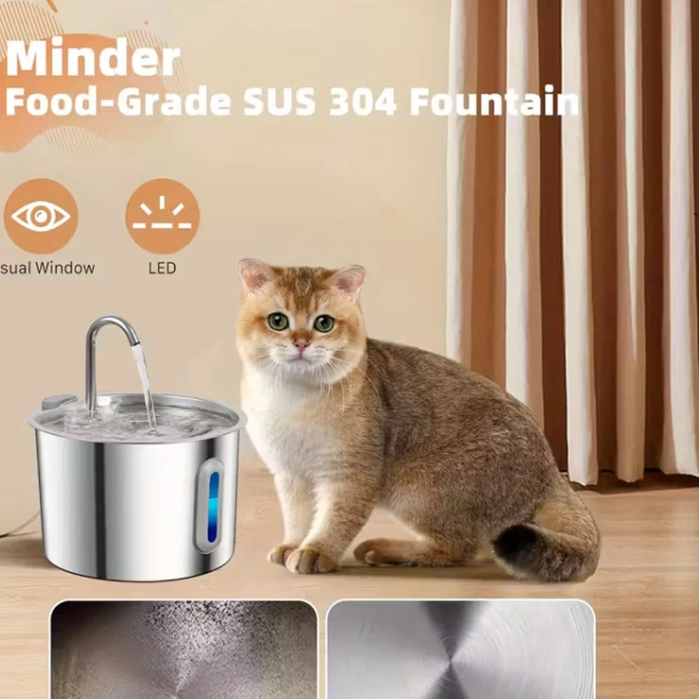 2.2L Cat Water Fountain 304 Stainless Steel Pet Water Dispenser, Cat and Dog Drinking Bowl with Visual Water Level Window