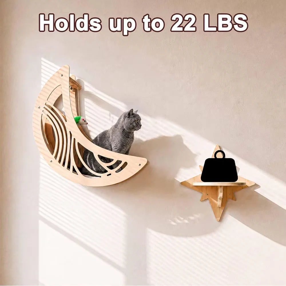 Wall Mounted Cat Shelves Set Moon Shape Hammock Star Perches Climbing Steps Cat Furniture for Kitten Cats Indoor Rest Playing Sleeping