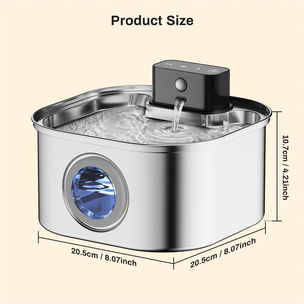 Wireless Stainless Steel Pet Water Fountain, 3.2L Automatic Cat Water Feeder with Motion Sensor, Dog Water Bowl（No 5V 1A Plug）