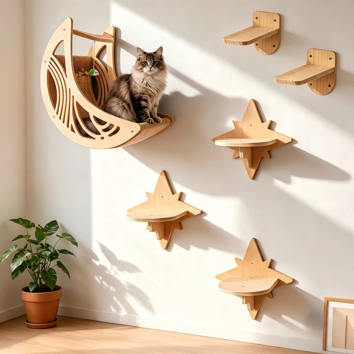 Wall Mounted Cat Shelves Set Moon Shape Hammock Star Perches Climbing Steps Cat Furniture for Kitten Cats Indoor Rest Playing Sleeping
