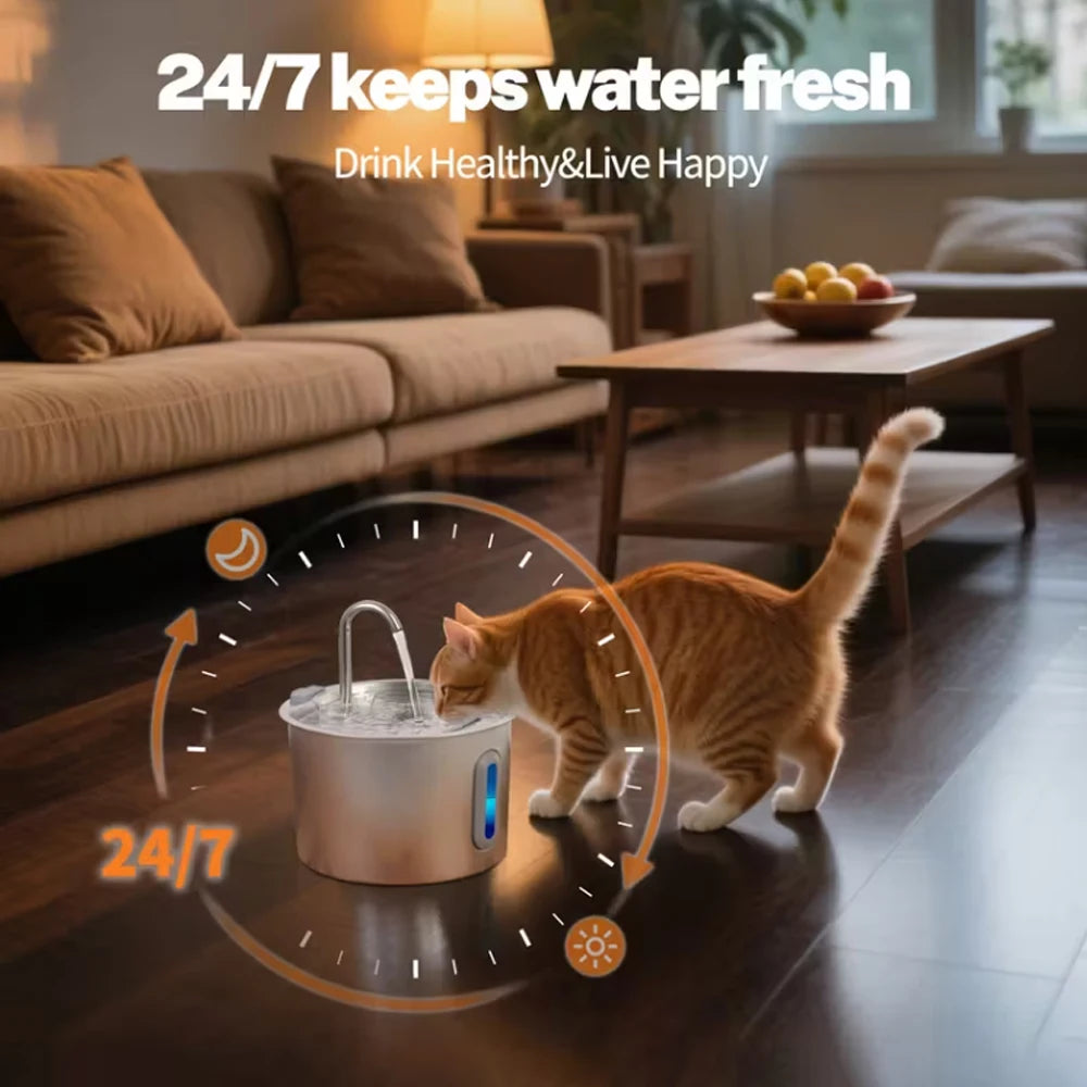 2.2L Cat Water Fountain 304 Stainless Steel Pet Water Dispenser, Cat and Dog Drinking Bowl with Visual Water Level Window