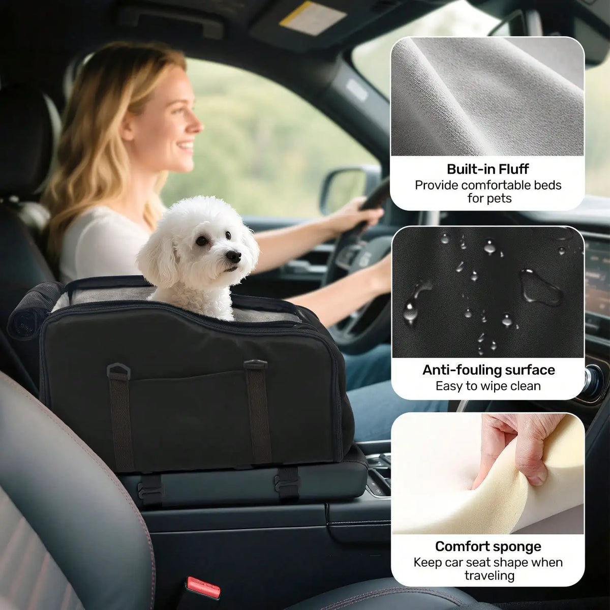 Centre console pet car seat fitted in a car