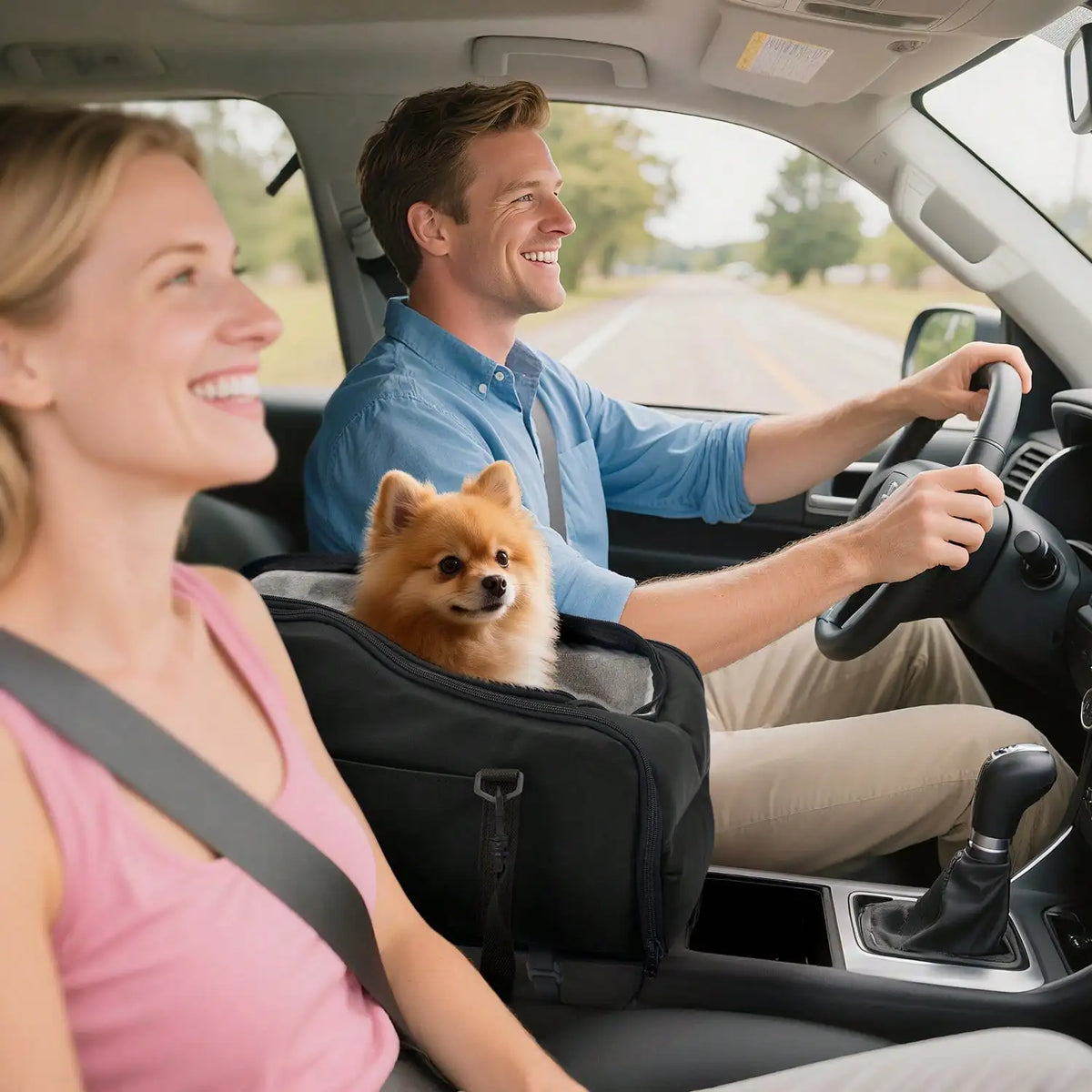 Driving with a dog in the centre console car seat