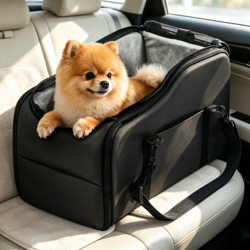 Small dog riding in the centre console pet car seat