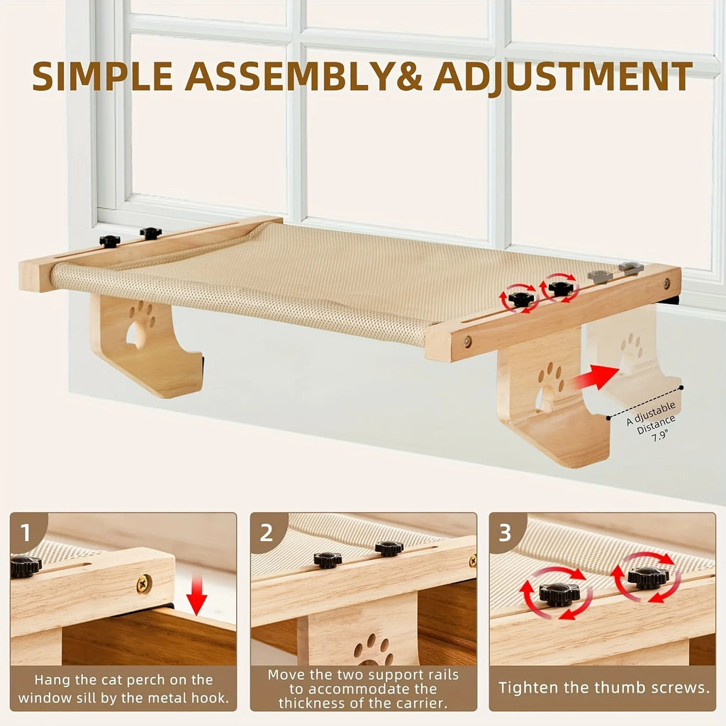 Cat Window Sill, Cat Window Hammock, Suitable for Indoor Cats, Wooden and Metal Frame, Easy to Adjust Window Sill, Bedside