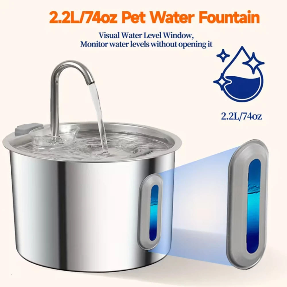 2.2L Cat Water Fountain 304 Stainless Steel Pet Water Dispenser, Cat and Dog Drinking Bowl with Visual Water Level Window