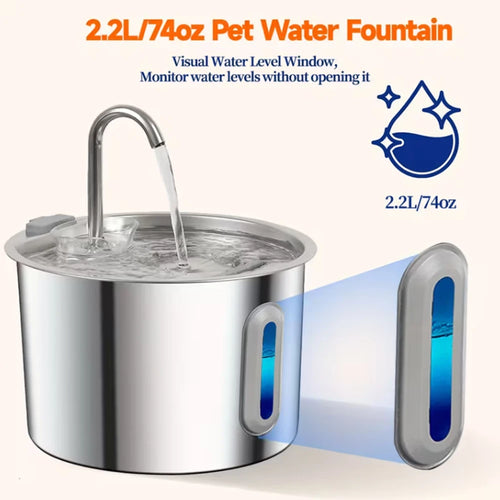 2.2L Cat Water Fountain 304 Stainless Steel Pet Water Dispenser, Cat and Dog Drinking Bowl with Visual Water Level Window