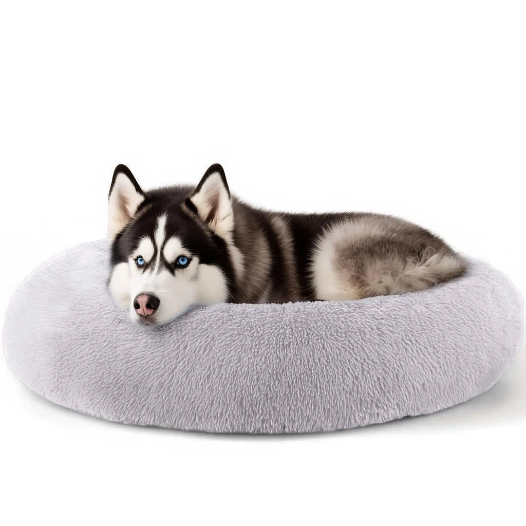 Hoewina 20In Calming Donut Bed for Indoor Cats & Small Dogs, Washable round Fluffy Pet Bed for Puppy and Kitten, Light Grey