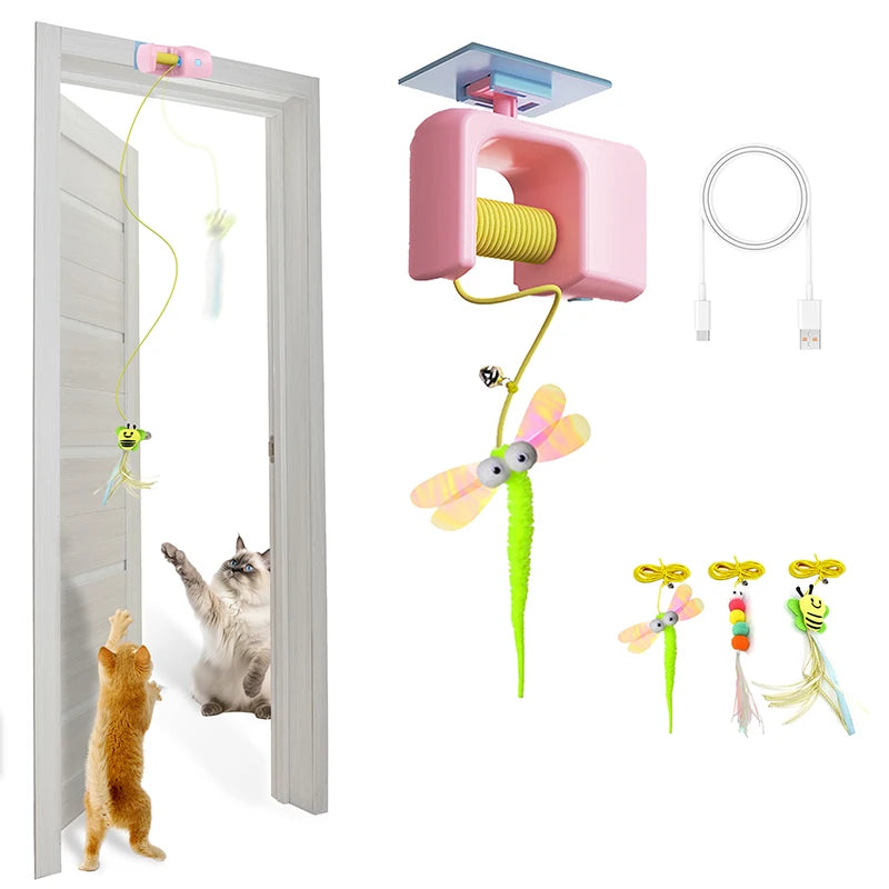 Interactive Hanging Cat Retractable String Rechargeabletoys for Indoor Kittens and Bored Adult with 3 Flying Feathers