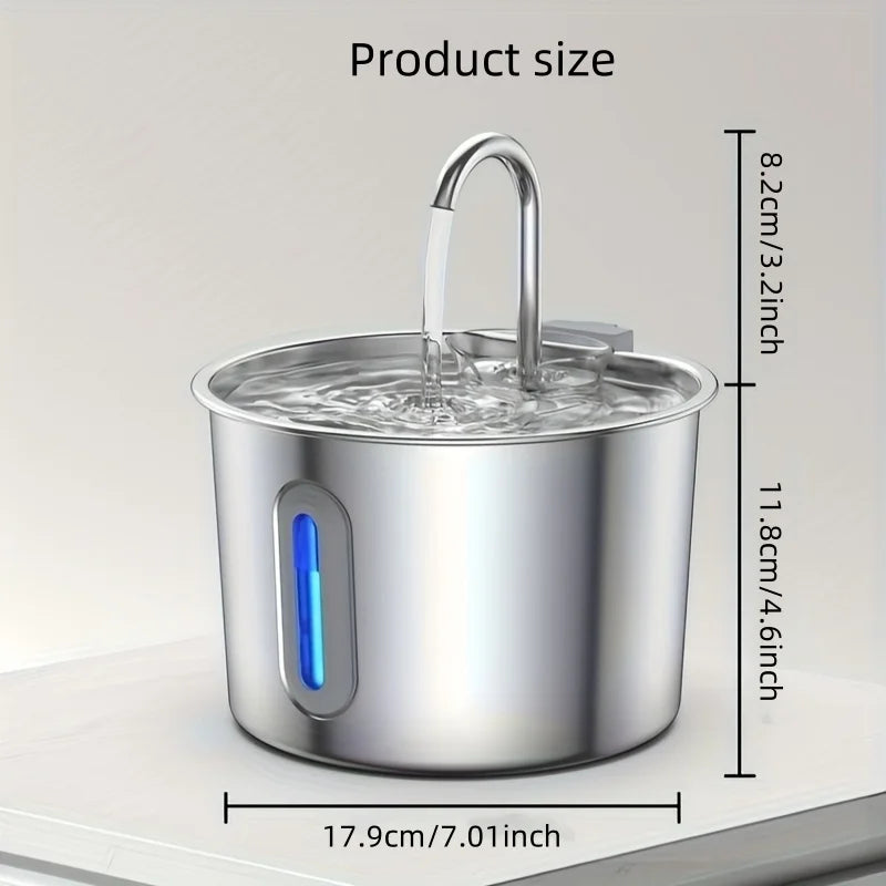 2.2L Cat Water Fountain 304 Stainless Steel Pet Water Dispenser, Cat and Dog Drinking Bowl with Visual Water Level Window