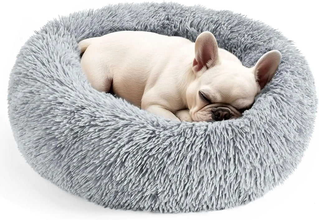 Hoewina 20In Calming Donut Bed for Indoor Cats & Small Dogs, Washable round Fluffy Pet Bed for Puppy and Kitten, Light Grey